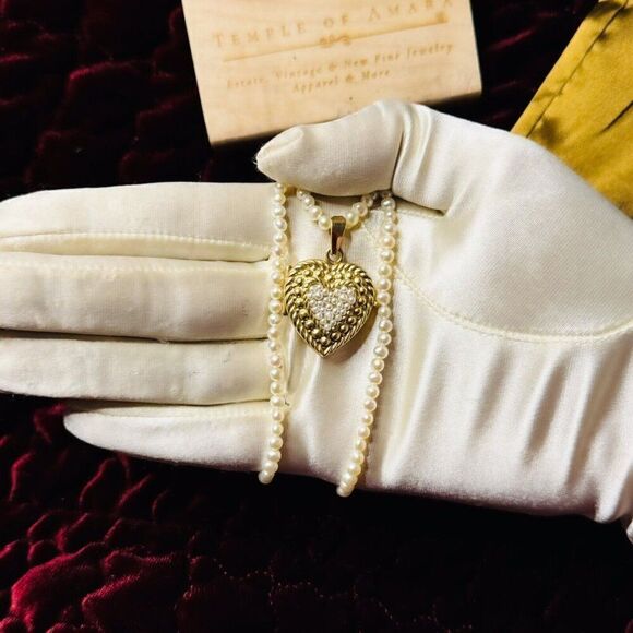 ANTIQUE- 14K Gold- Seed Pearl Heart Locket Necklace -19" -Victorian Era- 12.8g - Picture 9 of 16
